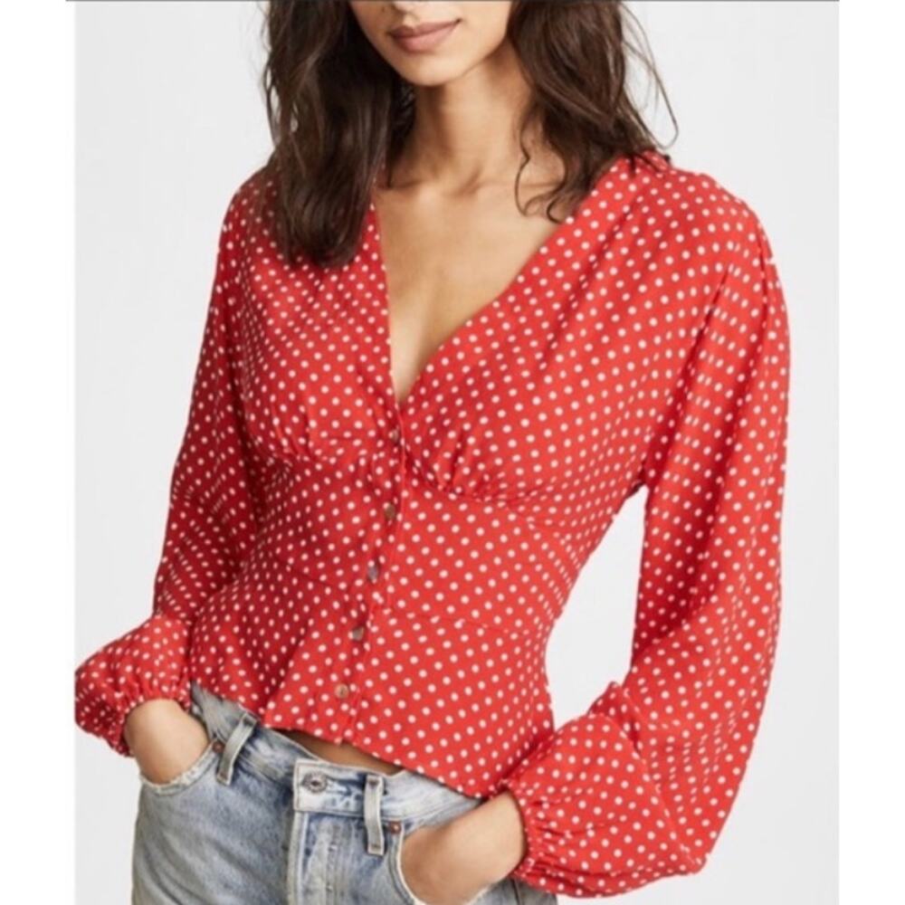 Free People Love Street Red‎ Polka Dot Top Women’s S Long Sleeve Blouse Romantic - Picture 2 of 12